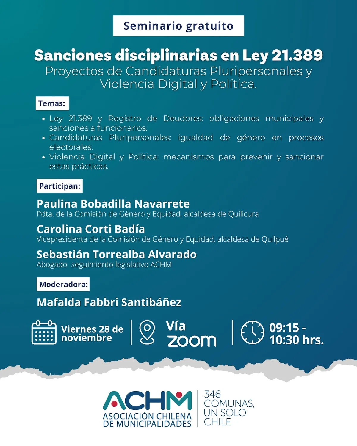 Seminario web «Sanciones disciplinarias en Ley 21.389: Proyectos de Candidaturas Pluripersonales y Violencia Digital y Política»